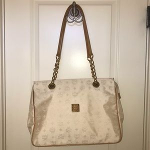 Vtg MCM Ivory nylon leather chain tote bag